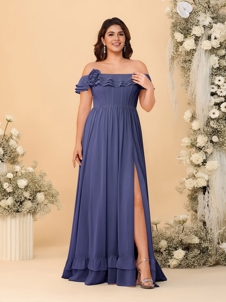 Chiffon A-Line/Princess Off-the-Shoulder Short Sleeves Plus Size Bridesmaid Dresses with Side Slit - Image 66