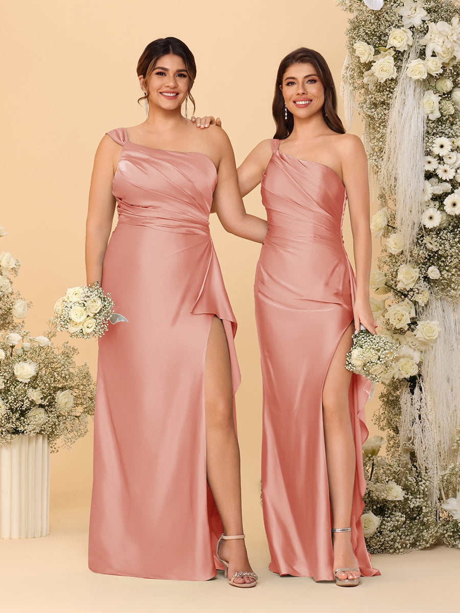 Sheath/Column One-Shoulder Sleeveless Split Side Bridesmaid Dresses with Ruffles - 이미지 56