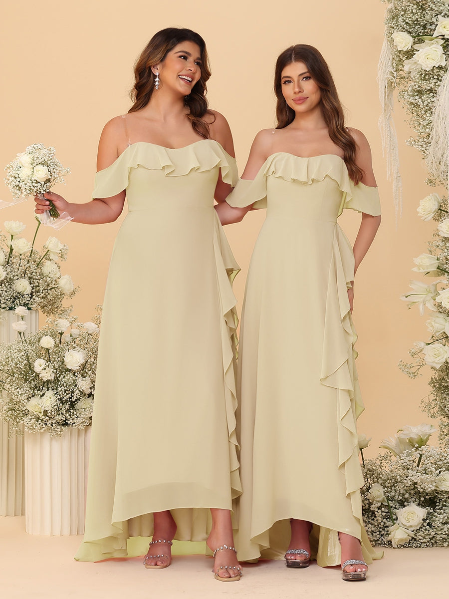 A-Line/Princess Off-the-Shoulder Spaghetti Straps Sleeveless Bridesmaid Dresses with Ruffles - 画像 (13)