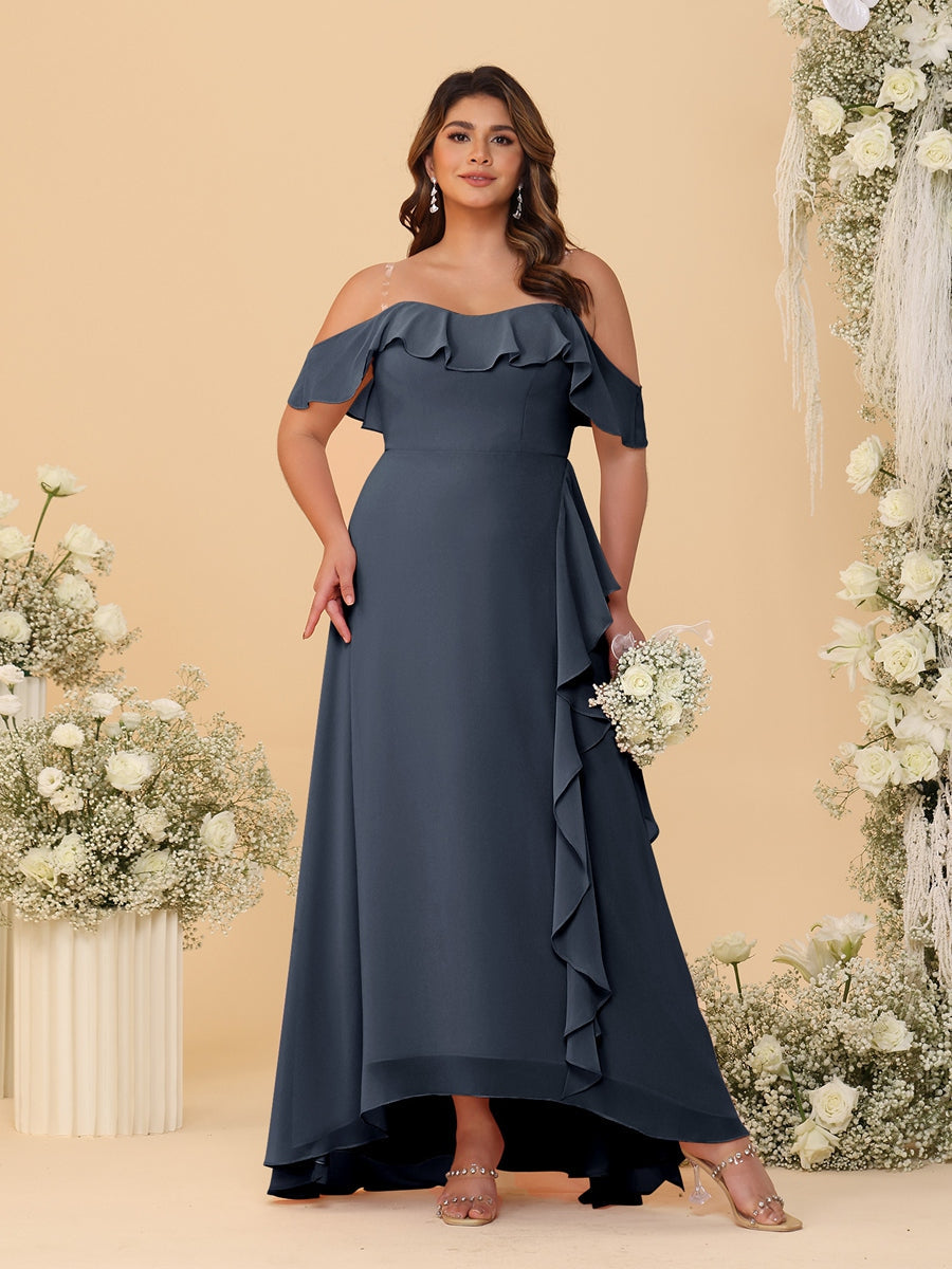 A-Line/Princess Off-the-Shoulder Plus Size Bridesmaid Dresses with Ruffles - 이미지 44