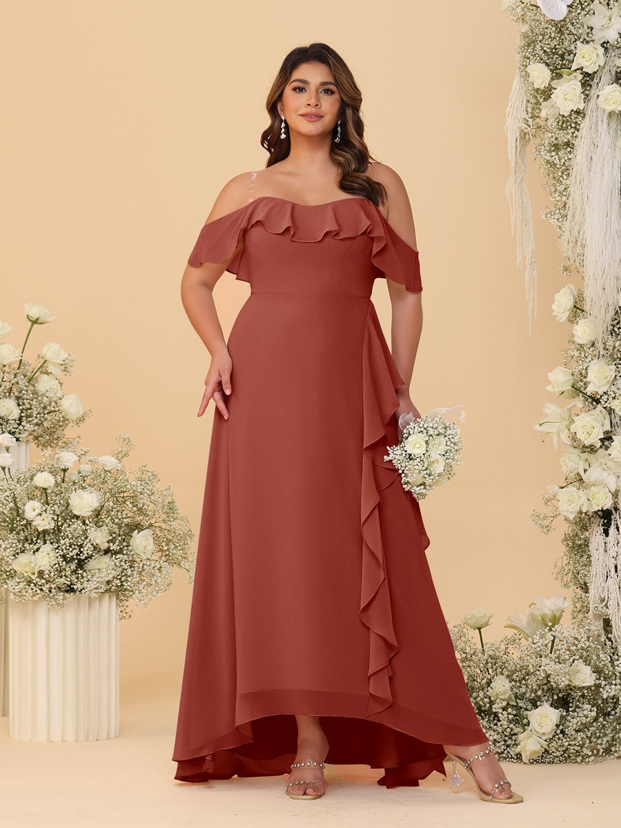 A-Line/Princess Off-the-Shoulder Plus Size Bridesmaid Dresses with Ruffles - 이미지 58