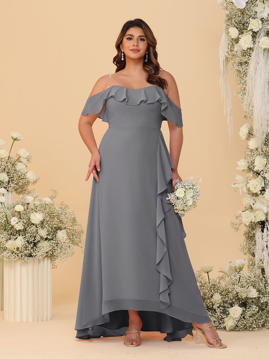 A-Line/Princess Off-the-Shoulder Plus Size Bridesmaid Dresses with Ruffles - 이미지 62