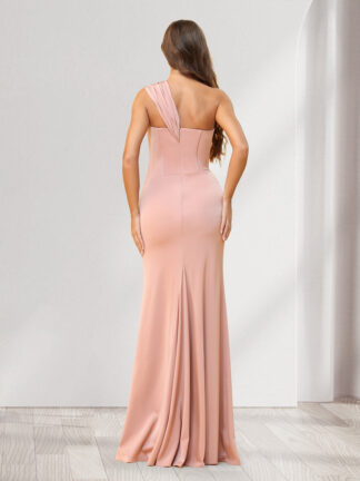 Sheath/Column One-Shoulder Floor-Length Ruched Bridesmaid Dresses with Split Side