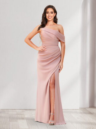 Sheath/Column One-Shoulder Floor-Length Ruched Bridesmaid Dresses with Split Side
