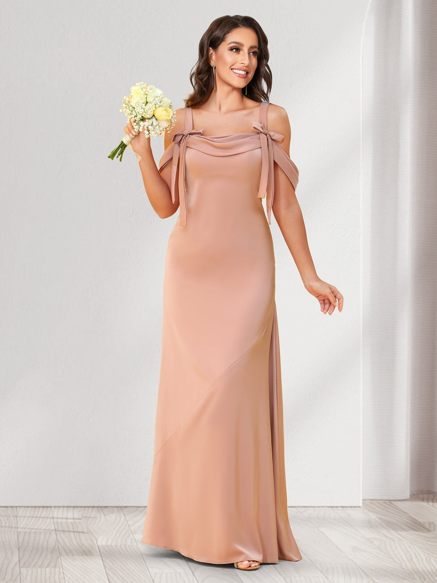 Sheath/Column Cold Shoulder Floor-Length Bridesmaid Dresses with Bowknots - 画像 (6)