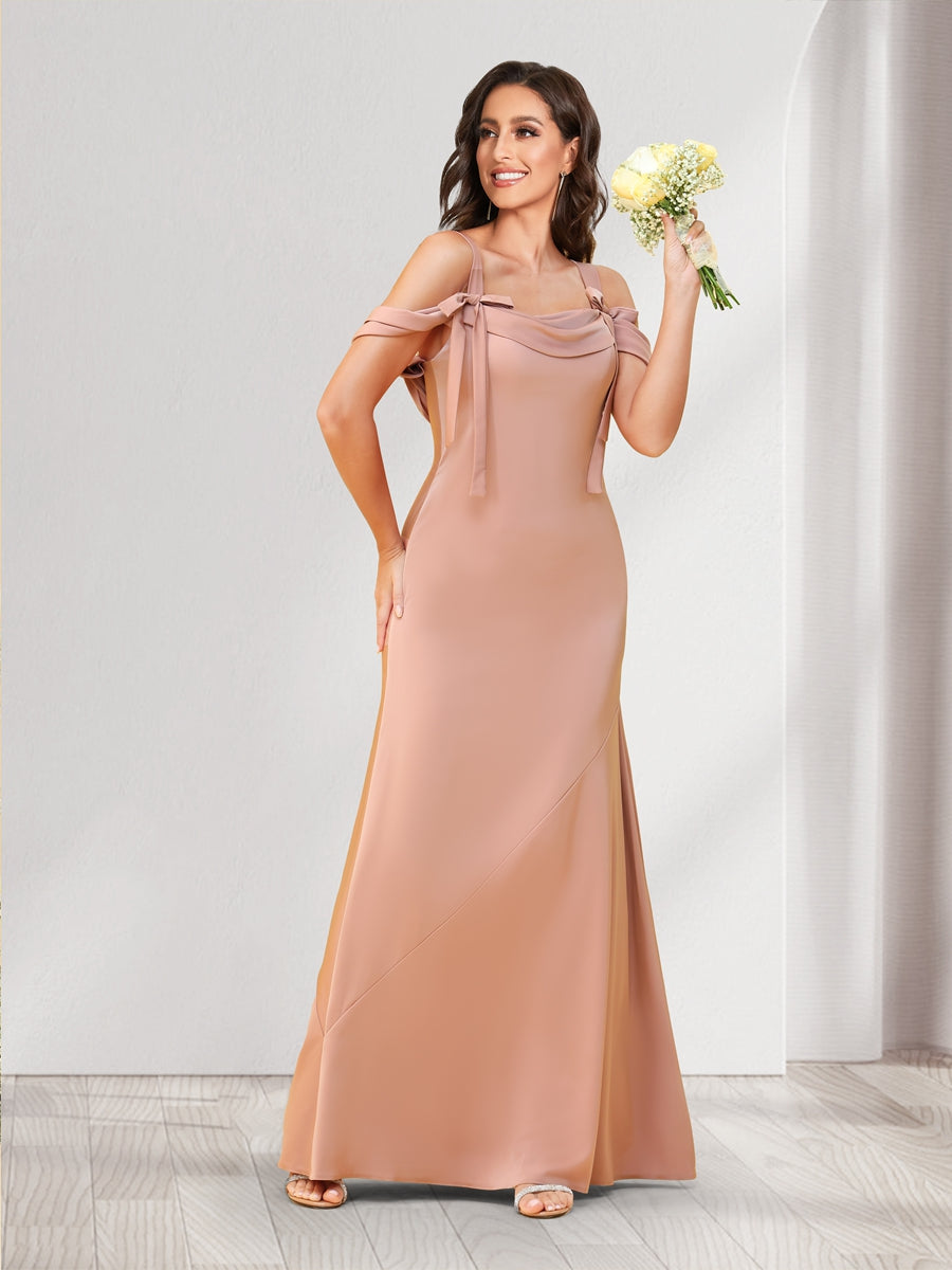 Sheath/Column Cold Shoulder Floor-Length Bridesmaid Dresses with Bowknots - 画像 (4)