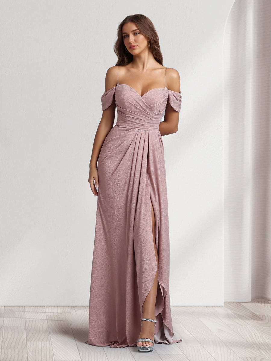 A-Line/Princess Off-the-Shoulder Floor-Length Ruched Bridesmaid Dresses With Ruffles & Split Side - 이미지 4