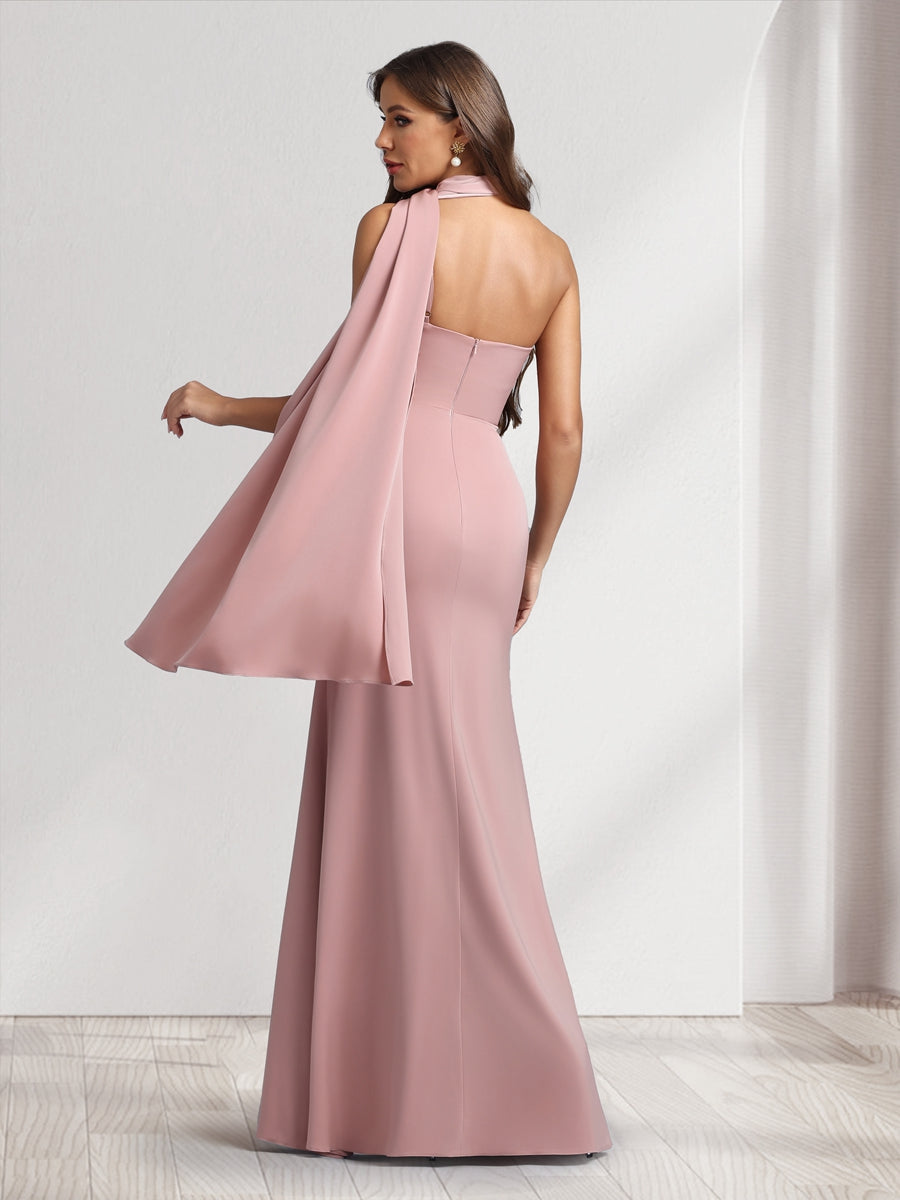 Sheath/Column Halter Maxi Dresses Long Bridesmaid Dresses with Neck Scarf - 画像 (2)