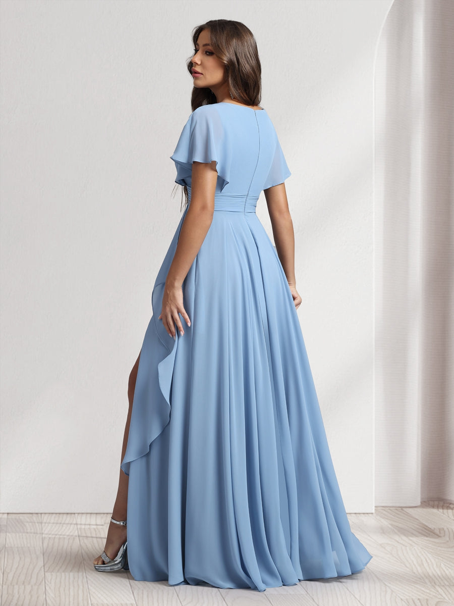 A-Line/Princess V-Neck Short Sleeves Bridesmaid Dresses With Ruffles & Split Side - Image 2