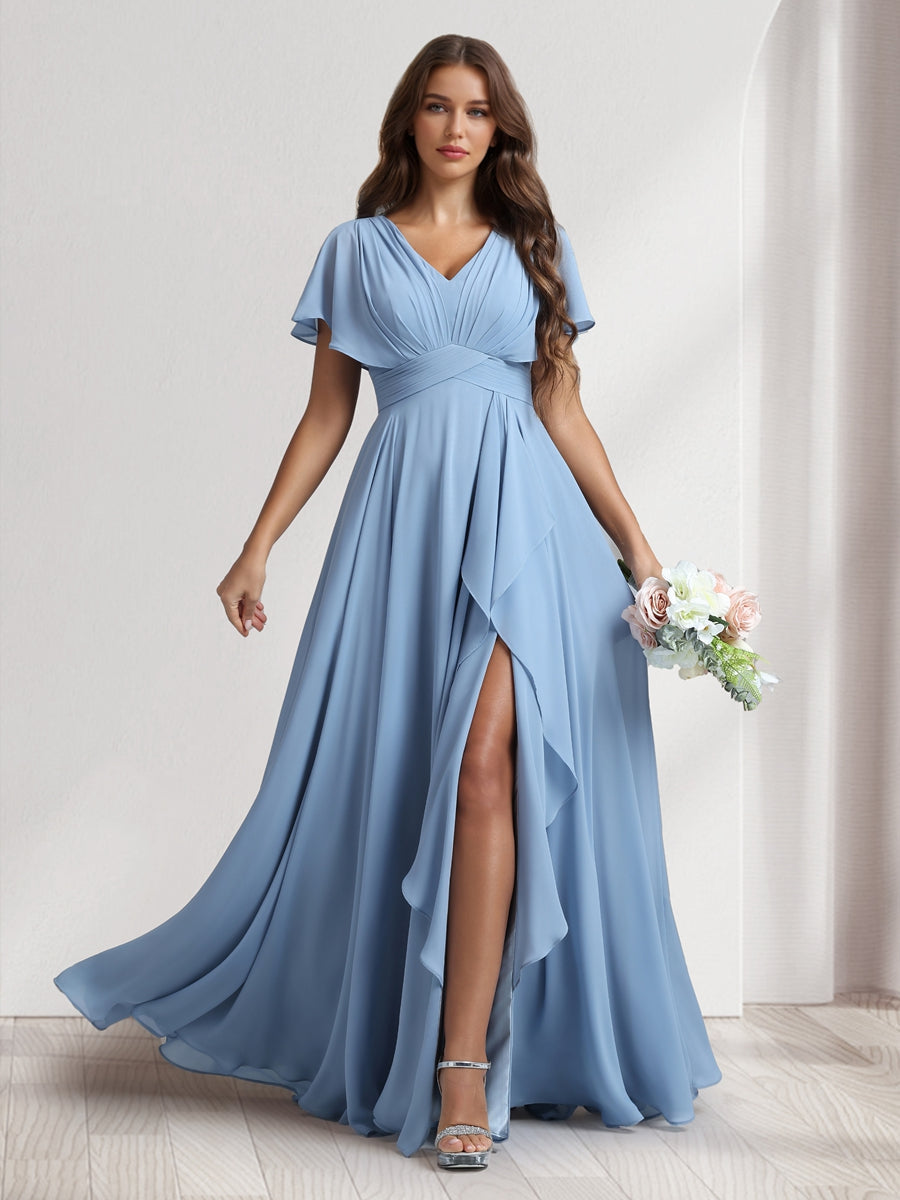 A-Line/Princess V-Neck Short Sleeves Bridesmaid Dresses With Ruffles & Split Side - Image 3
