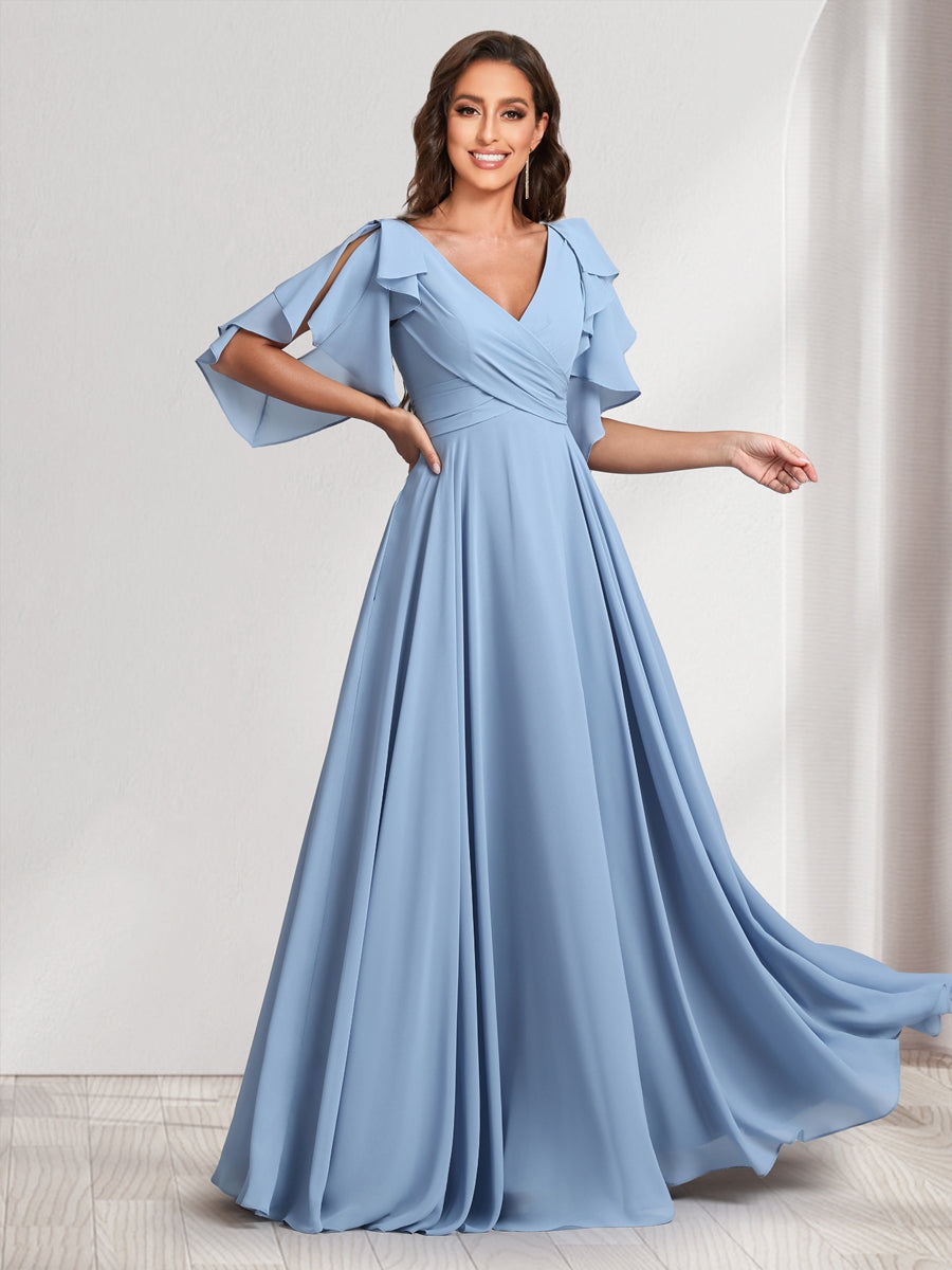 A-Line/Princess V-Neck Short Sleeves Long Bridesmaid Dresses With Ruffles & Belt - Image 3