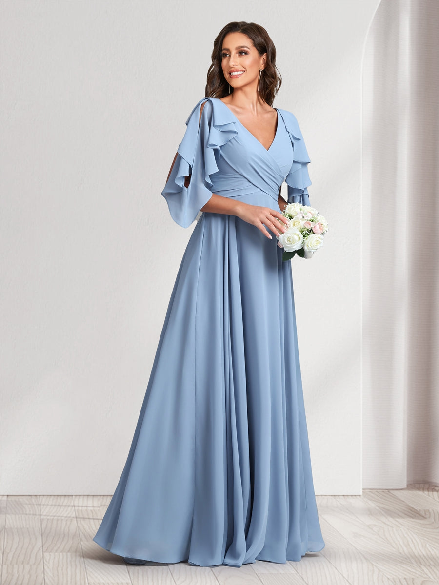 A-Line/Princess V-Neck Short Sleeves Long Bridesmaid Dresses With Ruffles & Belt - Image 6
