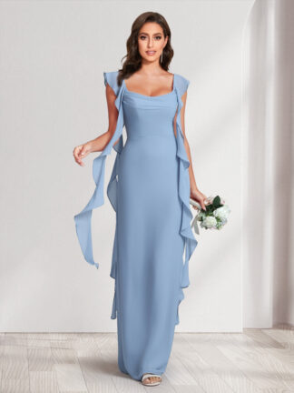 Sheath/Column Scoop Floor-Length Bridesmaid Dresses with Ruffle Straps