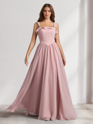 A-Line/Princess Square Neck Sleeveless Floor-Length Bridesmaid Dresses With Pleats & Ruffles