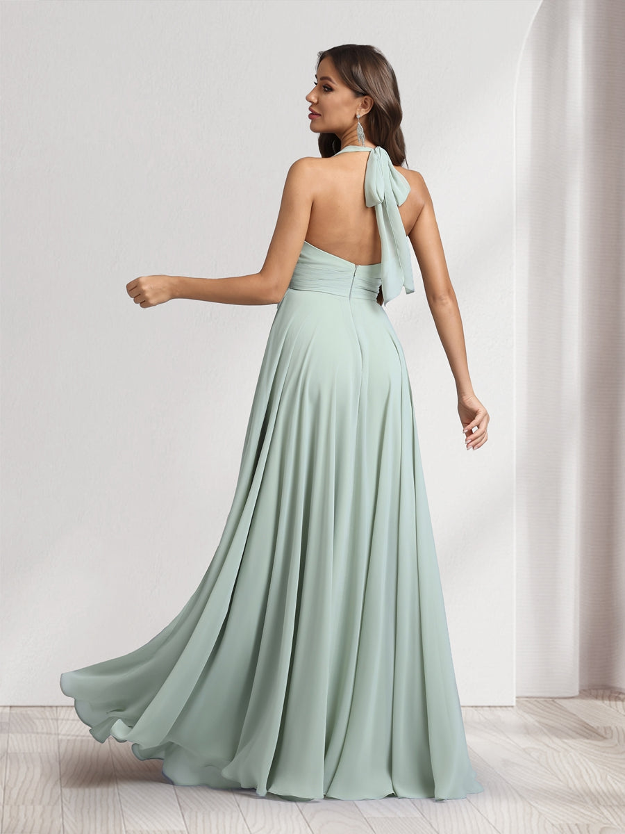 A-Line V-Neck Halter Sleeveless Floor-Length Bridesmaid Dresses With Pleats - 画像 (2)