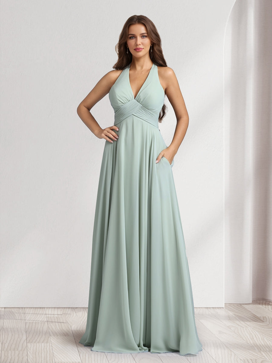 A-Line V-Neck Halter Sleeveless Floor-Length Bridesmaid Dresses With Pleats - 画像 (4)