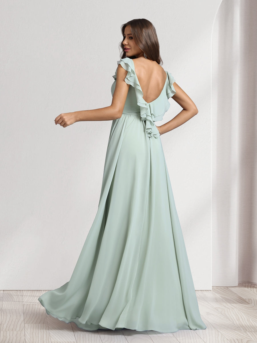 A-Line/Princess V-Neck Floor-Length Bridesmaid Dresses With Ruffles & Pleats - 이미지 2