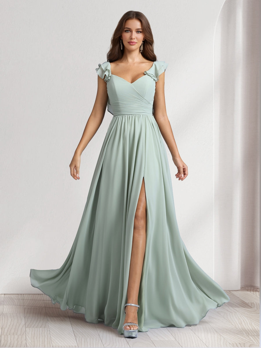 A-Line/Princess V-Neck Floor-Length Bridesmaid Dresses With Ruffles & Pleats - 이미지 4