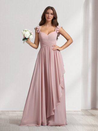 A-Line/Princess V-Neck Spaghetti Straps Sleeveless Floor-Length Bridesmaid Dresses With Ruffles & Pleats