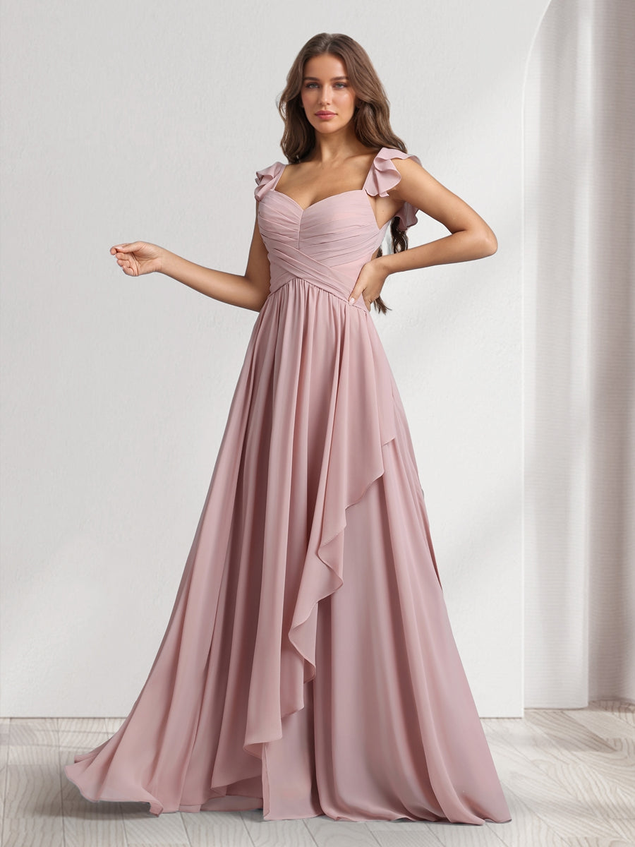 A-Line/Princess V-Neck Spaghetti Straps Sleeveless Floor-Length Bridesmaid Dresses With Ruffles & Pleats - 이미지 4