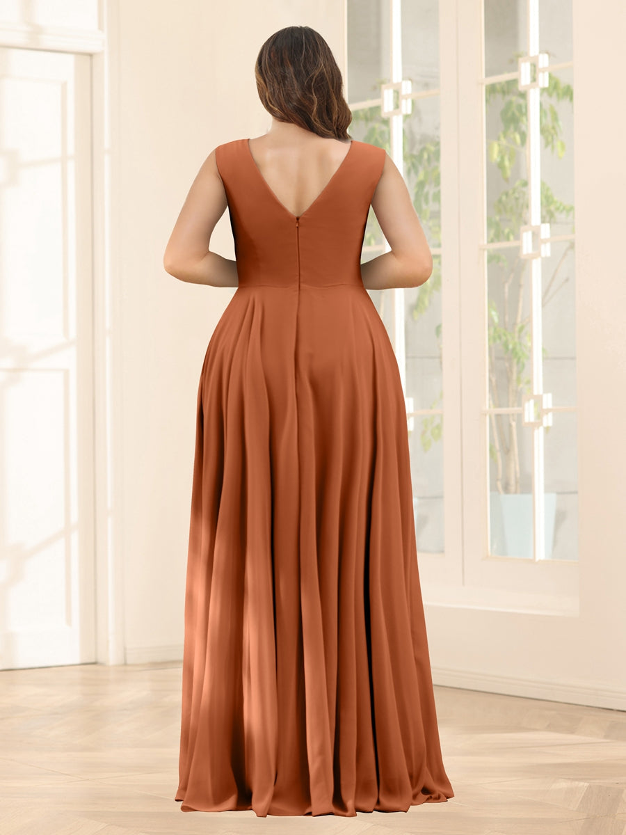 A-Line V-Neck Half Sleeves Plus Size Chiffon Bridesmaid Dresses With Split Side - 이미지 2