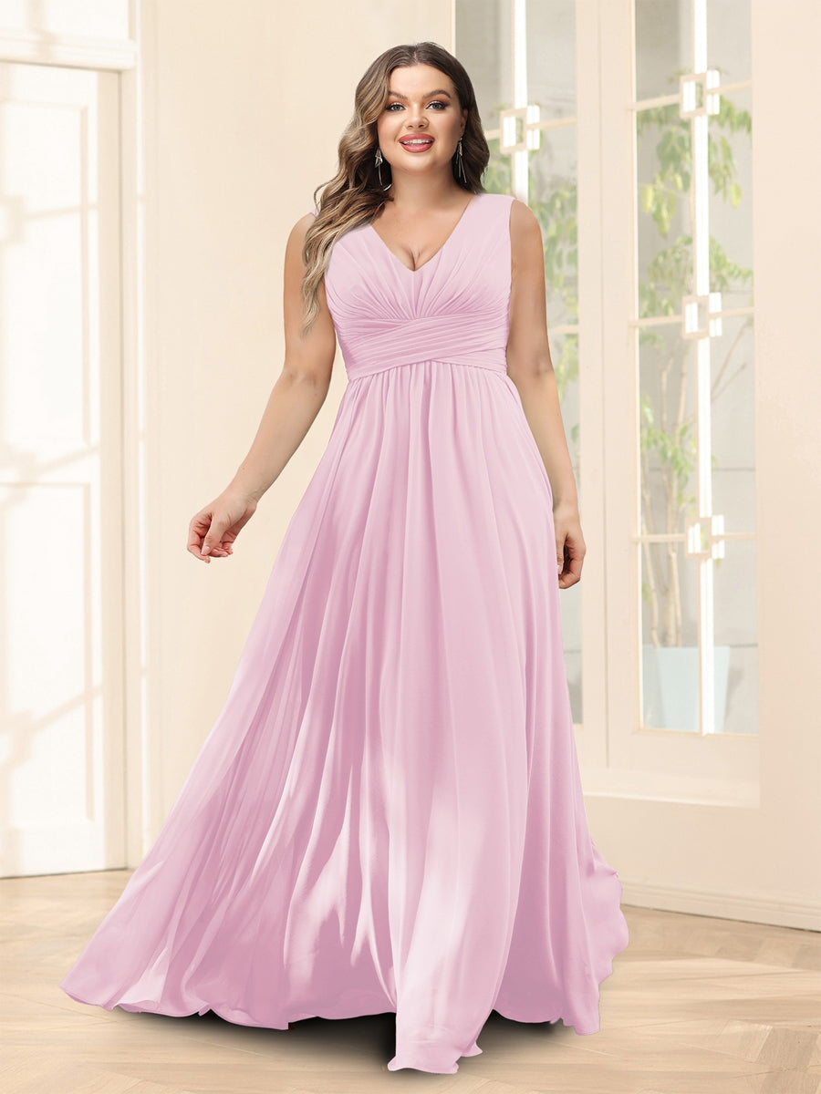 A-Line V-Neck Half Sleeves Plus Size Chiffon Bridesmaid Dresses With Split Side - 이미지 22