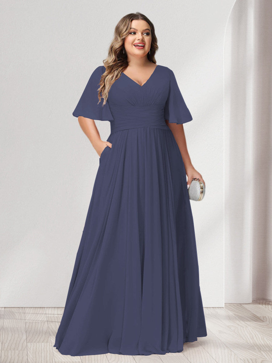 A-Line/Princess V-Neck Half Sleeves Chiffon Plus Size Bridesmaid Dresses with Pockets - Image 53