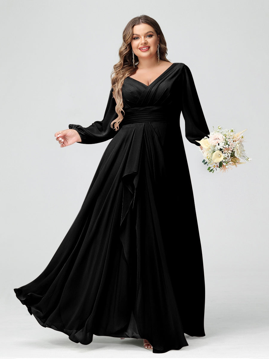A-Line/Princess V-Neck Long Sleeves Chiffon Ruffles Plus Size Bridesmaid Dresses with Pockets - 이미지 13