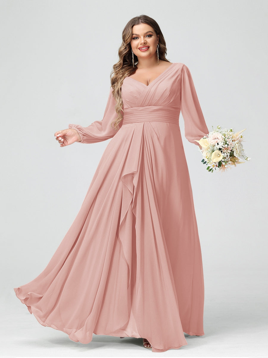 A-Line/Princess V-Neck Long Sleeves Chiffon Ruffles Plus Size Bridesmaid Dresses with Pockets - 이미지 23