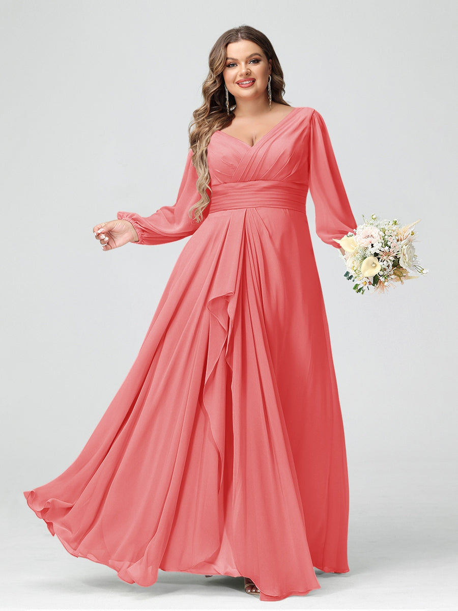 A-Line/Princess V-Neck Long Sleeves Chiffon Ruffles Plus Size Bridesmaid Dresses with Pockets - 이미지 27