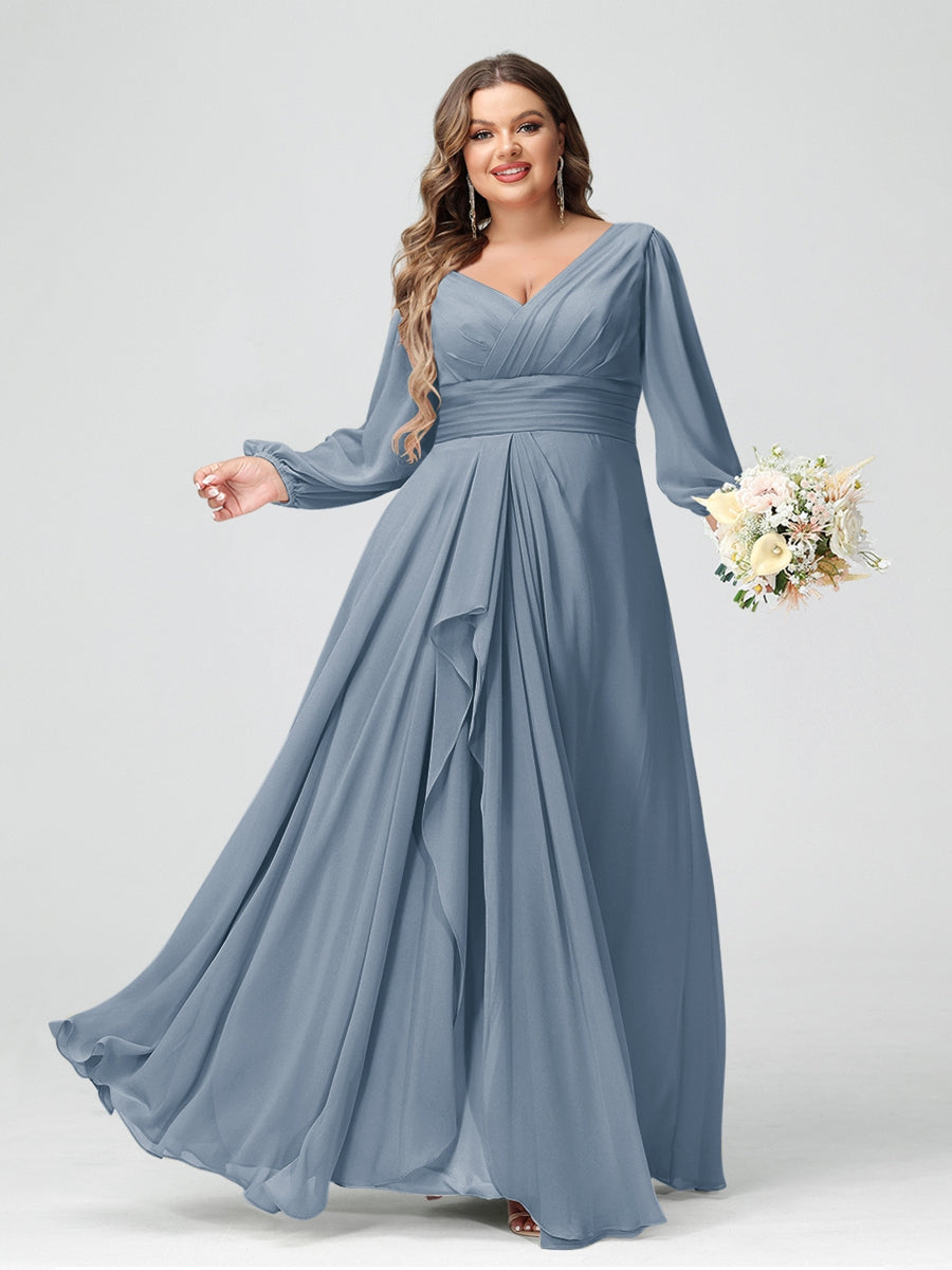 A-Line/Princess V-Neck Long Sleeves Chiffon Ruffles Plus Size Bridesmaid Dresses with Pockets - 이미지 4