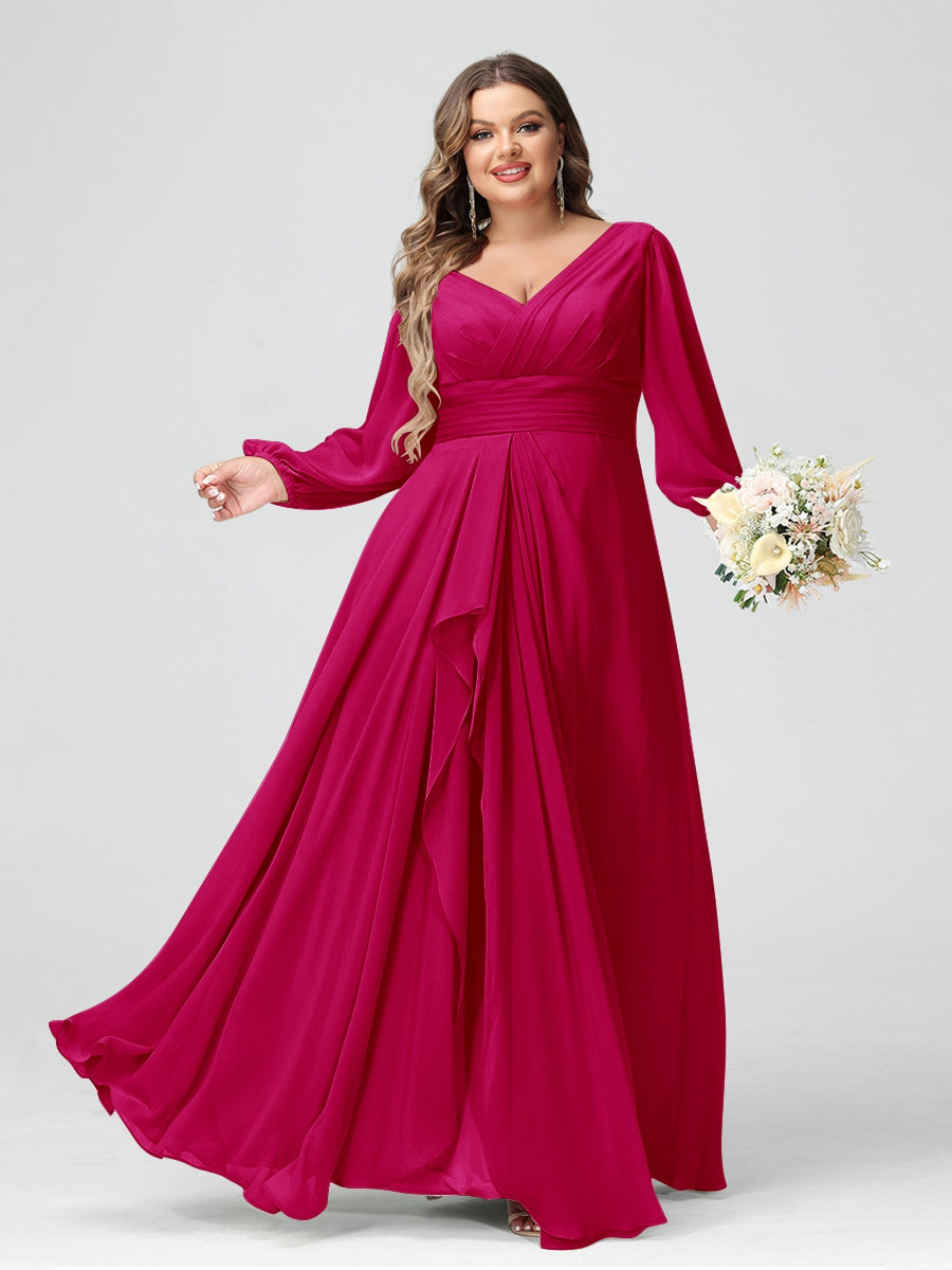 A-Line/Princess V-Neck Long Sleeves Chiffon Ruffles Plus Size Bridesmaid Dresses with Pockets - 이미지 30