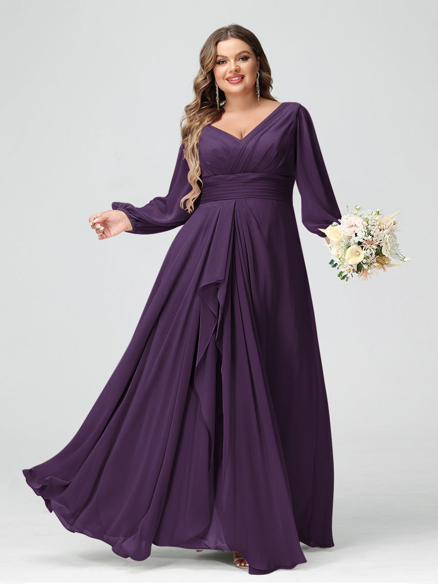 A-Line/Princess V-Neck Long Sleeves Chiffon Ruffles Plus Size Bridesmaid Dresses with Pockets - 이미지 40