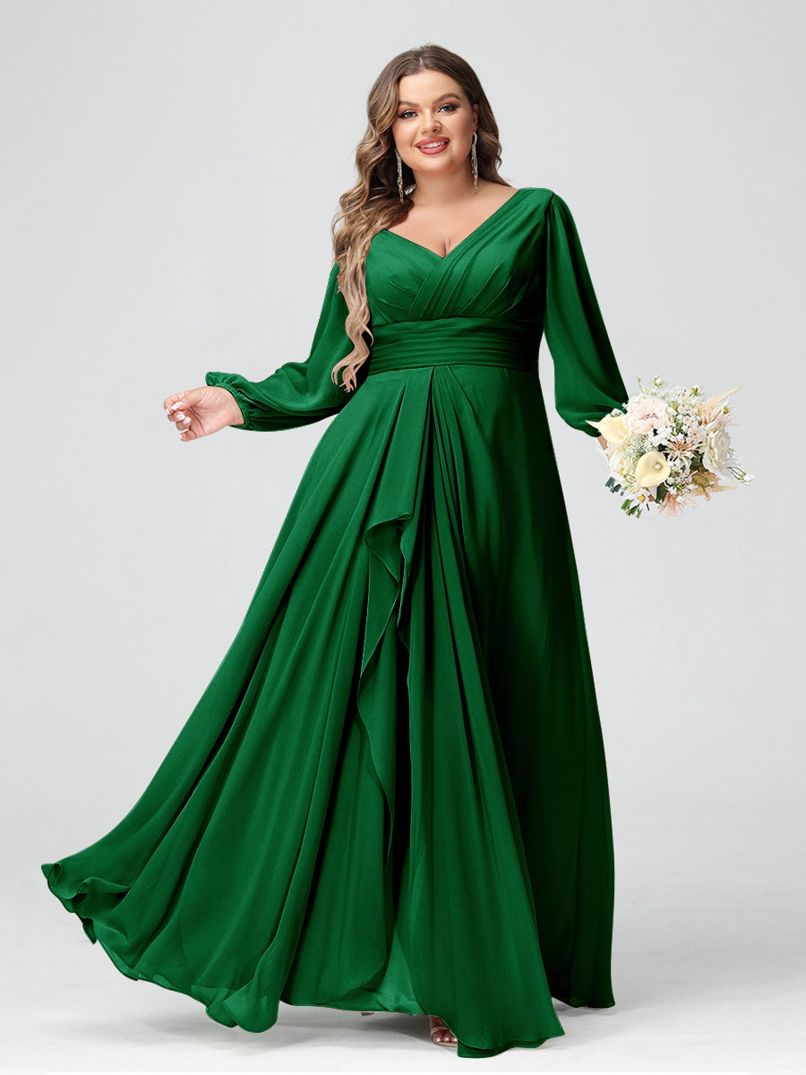 A-Line/Princess V-Neck Long Sleeves Chiffon Ruffles Plus Size Bridesmaid Dresses with Pockets - 이미지 59