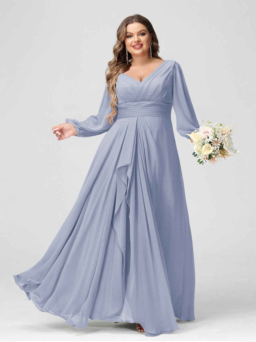 A-Line/Princess V-Neck Long Sleeves Chiffon Ruffles Plus Size Bridesmaid Dresses with Pockets - 이미지 43