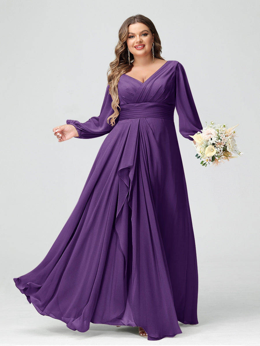 A-Line/Princess V-Neck Long Sleeves Chiffon Ruffles Plus Size Bridesmaid Dresses with Pockets - 이미지 37