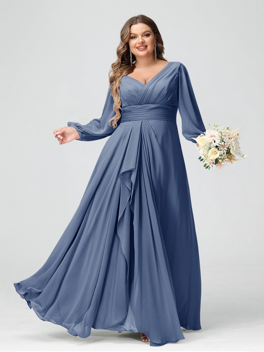 A-Line/Princess V-Neck Long Sleeves Chiffon Ruffles Plus Size Bridesmaid Dresses with Pockets - 이미지 46