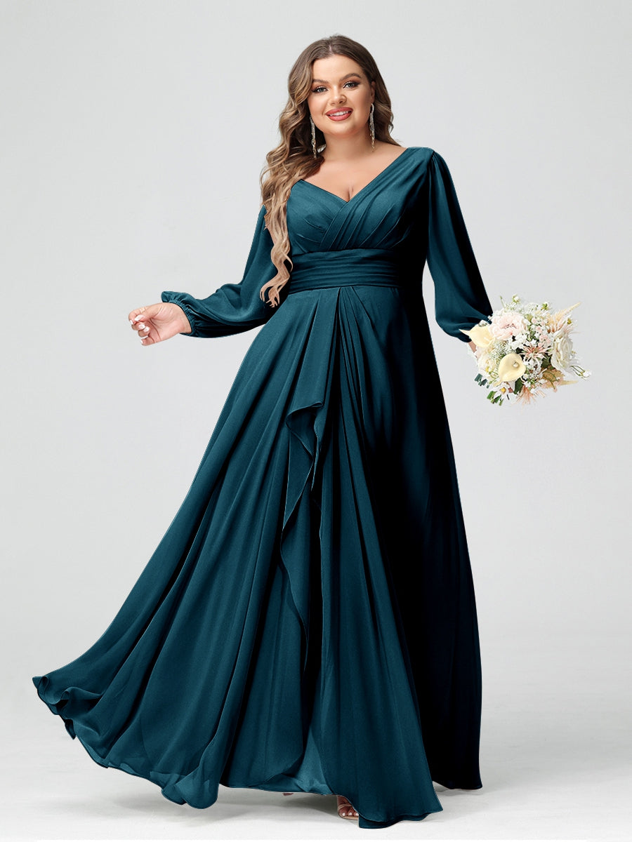 A-Line/Princess V-Neck Long Sleeves Chiffon Ruffles Plus Size Bridesmaid Dresses with Pockets - 이미지 53