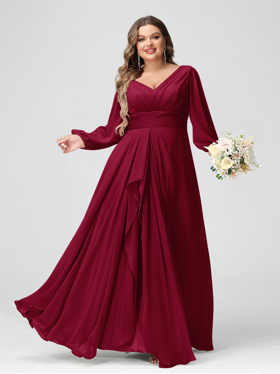 A-Line/Princess V-Neck Long Sleeves Chiffon Ruffles Plus Size Bridesmaid Dresses with Pockets - 이미지 32