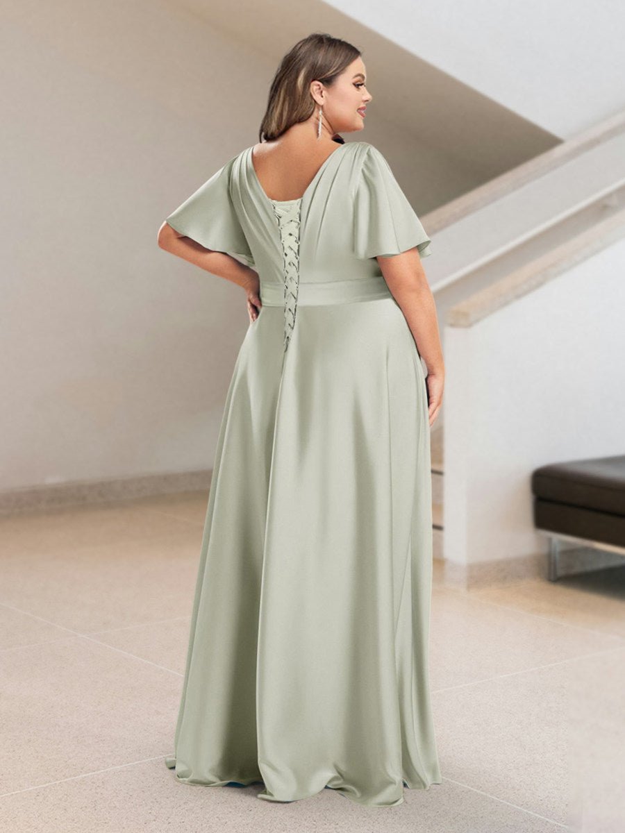 A-Line/Princess V-Neck Short Sleeves Silk Satin Plus Size Bridesmaid Dresses with Pockets - Image 2