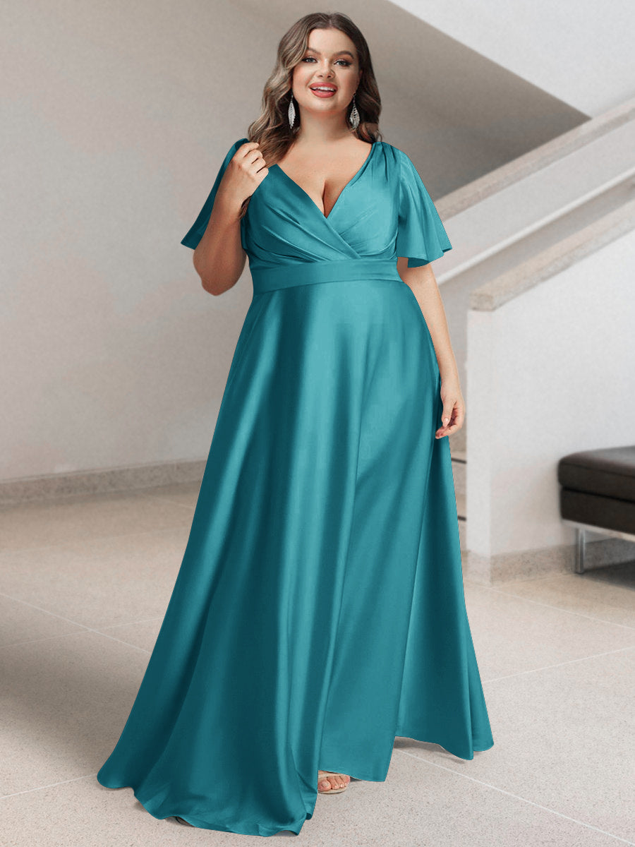A-Line/Princess V-Neck Short Sleeves Silk Satin Plus Size Bridesmaid Dresses with Pockets - Image 36