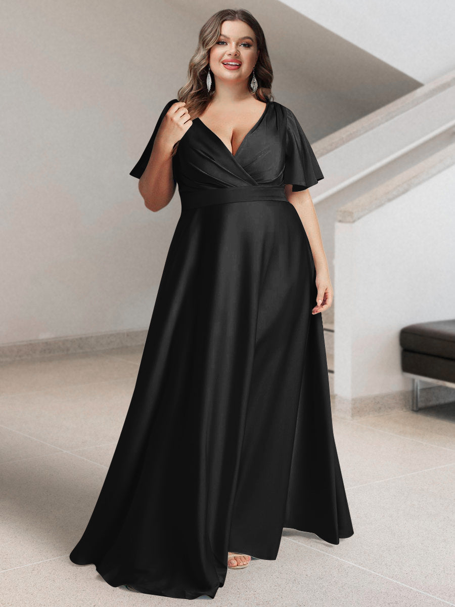 A-Line/Princess V-Neck Short Sleeves Silk Satin Plus Size Bridesmaid Dresses with Pockets - Image 8