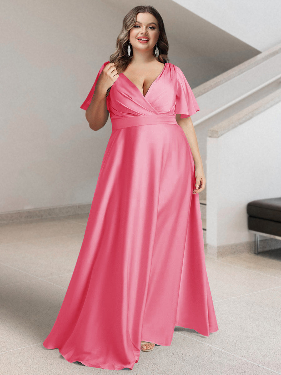 A-Line/Princess V-Neck Short Sleeves Silk Satin Plus Size Bridesmaid Dresses with Pockets - Image 22