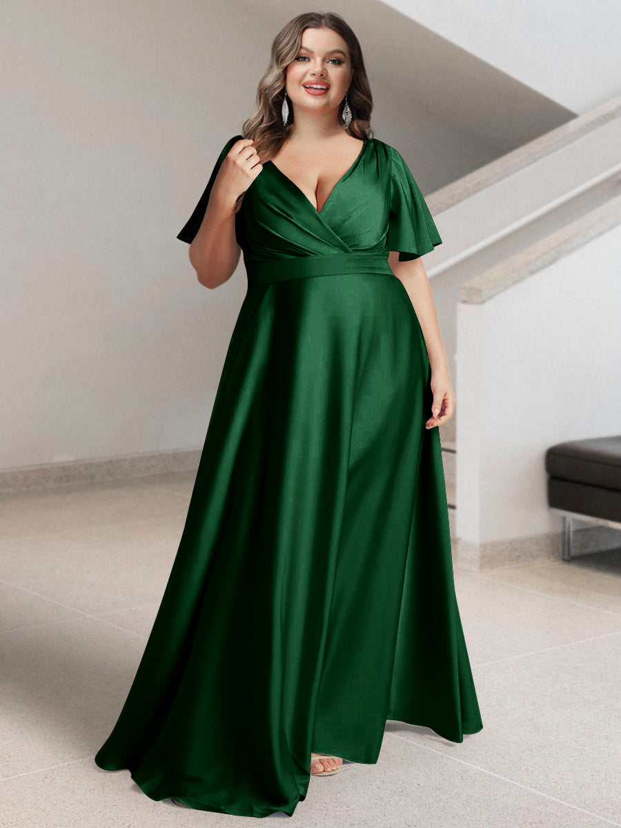 A-Line/Princess V-Neck Short Sleeves Silk Satin Plus Size Bridesmaid Dresses with Pockets - Image 46