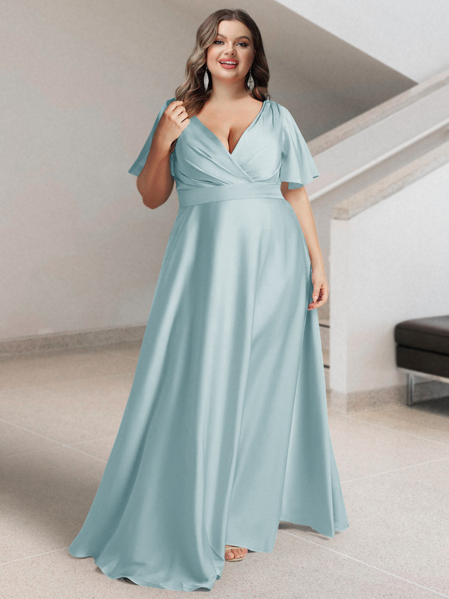 A-Line/Princess V-Neck Short Sleeves Silk Satin Plus Size Bridesmaid Dresses with Pockets - Image 31