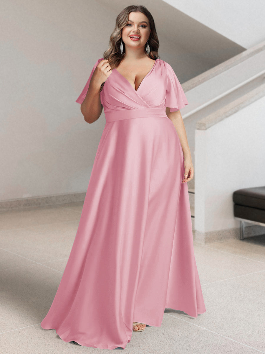 A-Line/Princess V-Neck Short Sleeves Silk Satin Plus Size Bridesmaid Dresses with Pockets - Image 17