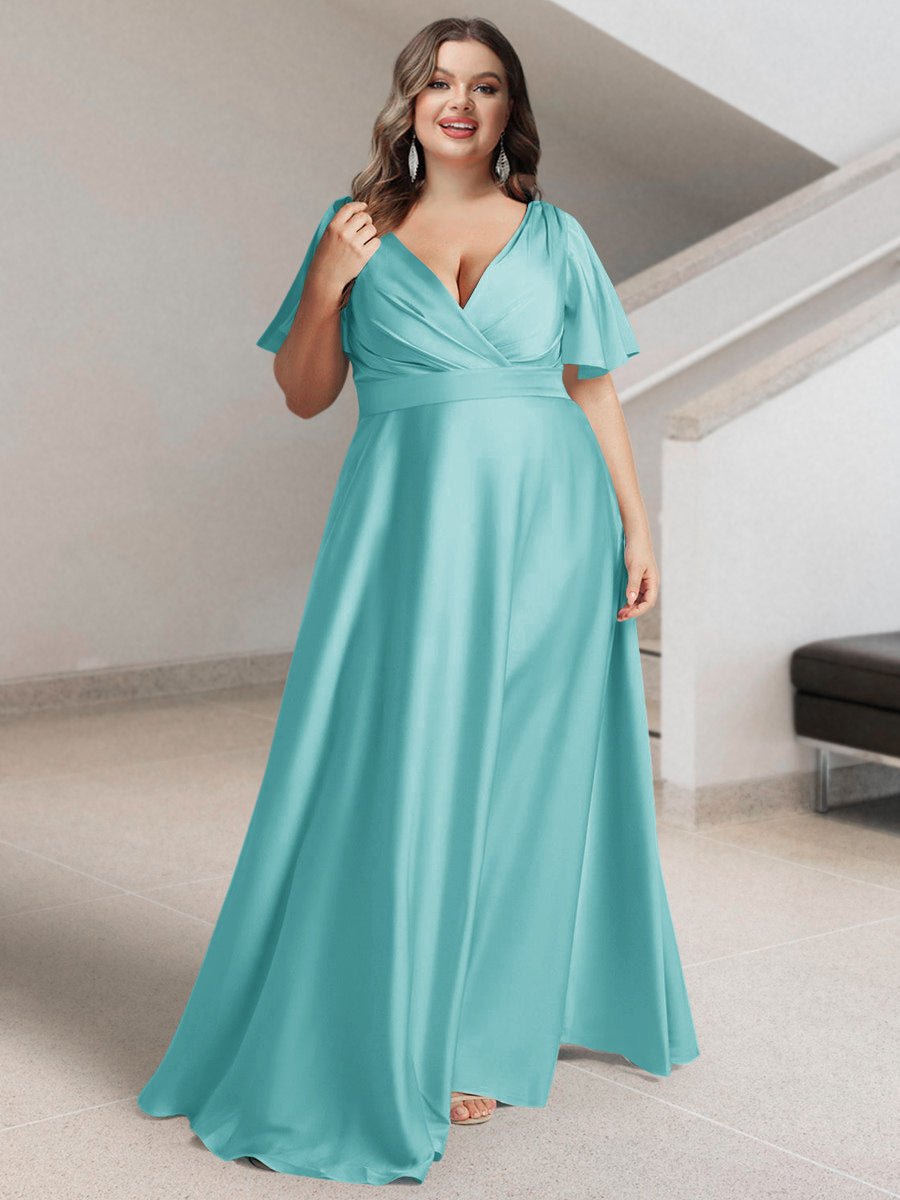 A-Line/Princess V-Neck Short Sleeves Silk Satin Plus Size Bridesmaid Dresses with Pockets - Image 33
