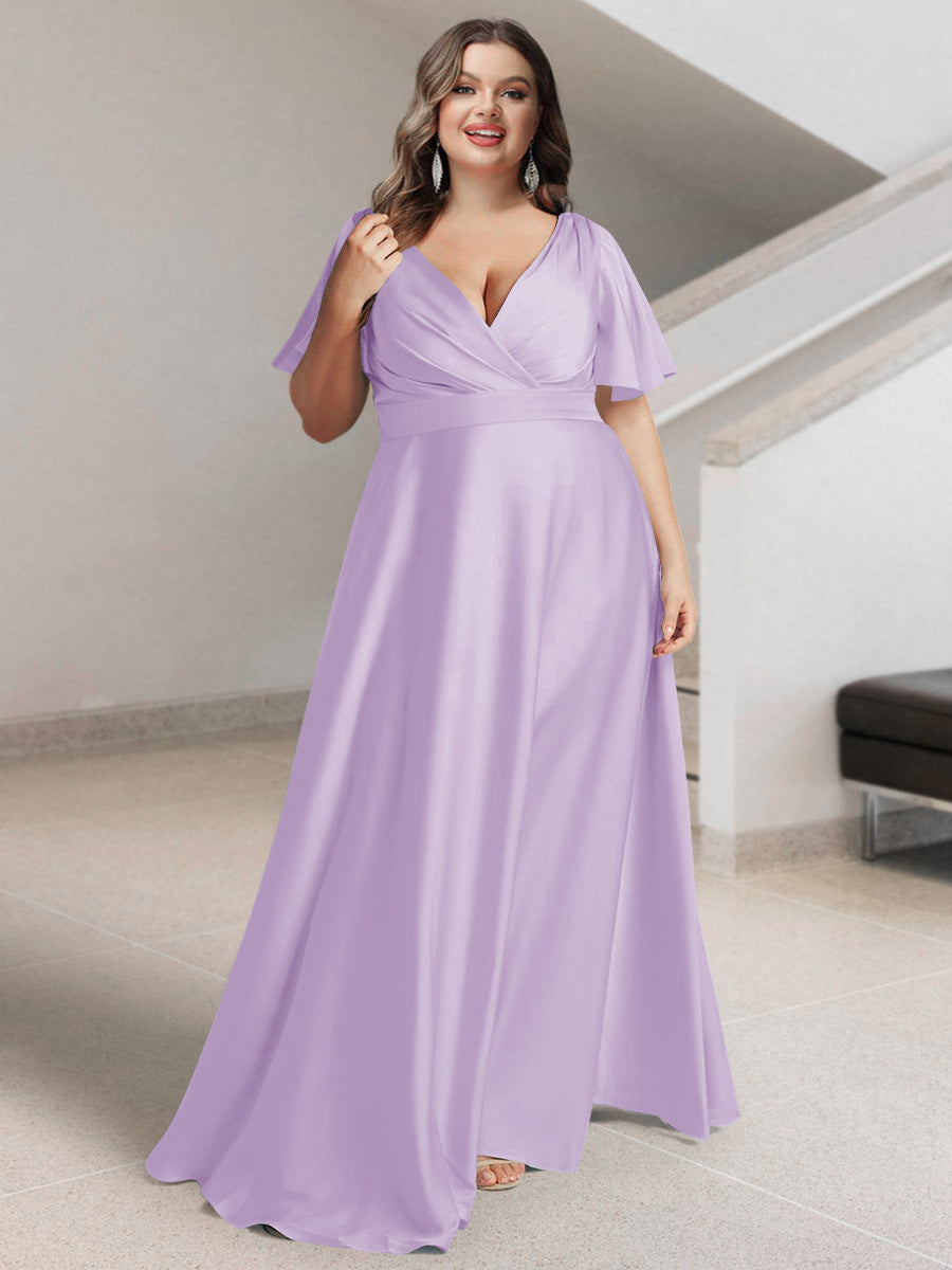 A-Line/Princess V-Neck Short Sleeves Silk Satin Plus Size Bridesmaid Dresses with Pockets - Image 7