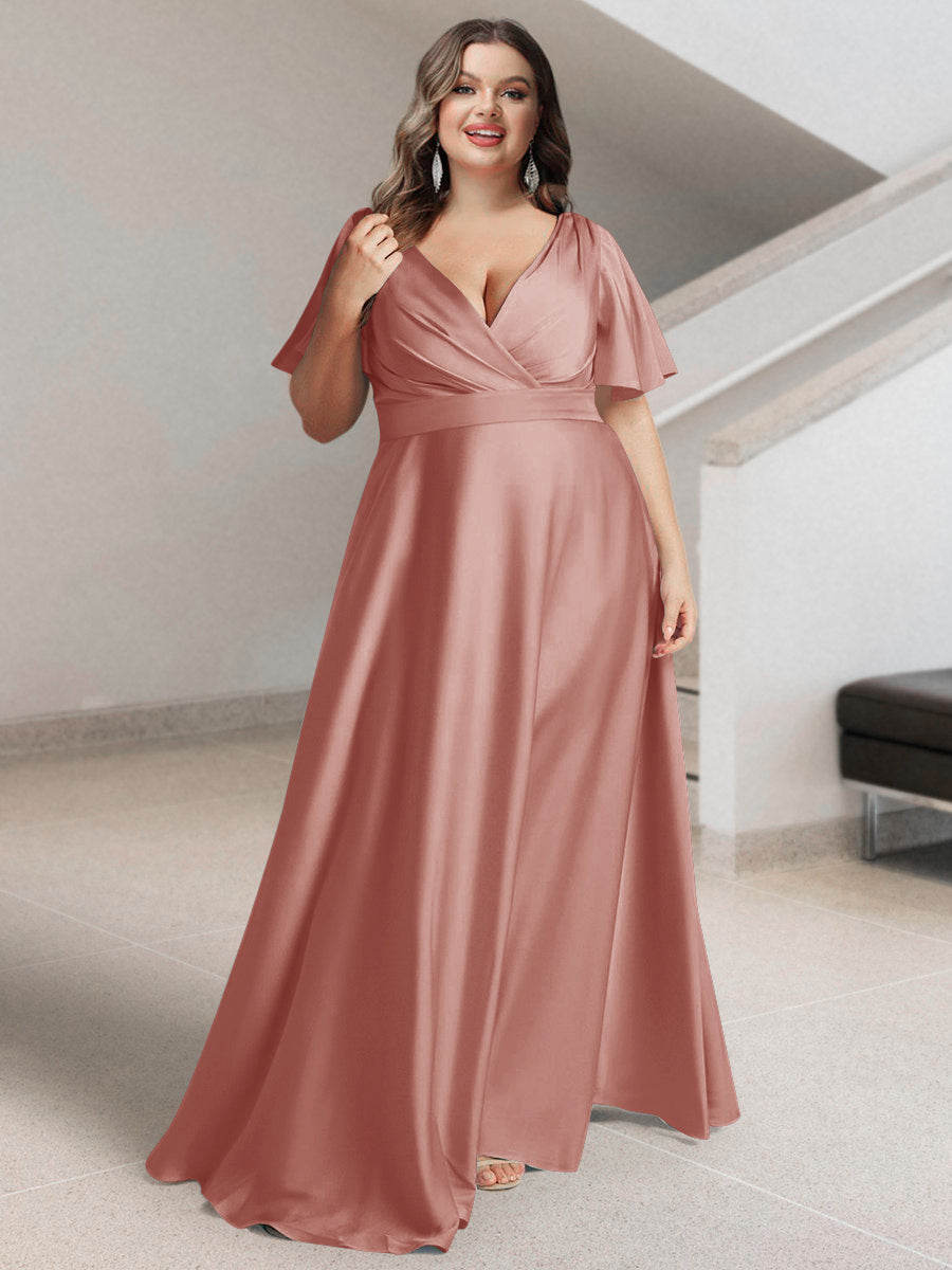 A-Line/Princess V-Neck Short Sleeves Silk Satin Plus Size Bridesmaid Dresses with Pockets - Image 21
