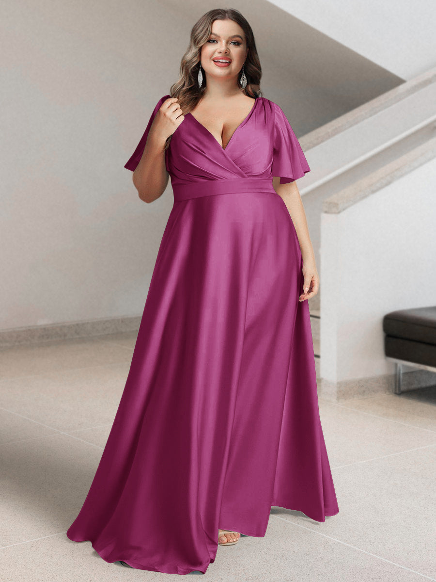 A-Line/Princess V-Neck Short Sleeves Silk Satin Plus Size Bridesmaid Dresses with Pockets - Image 28